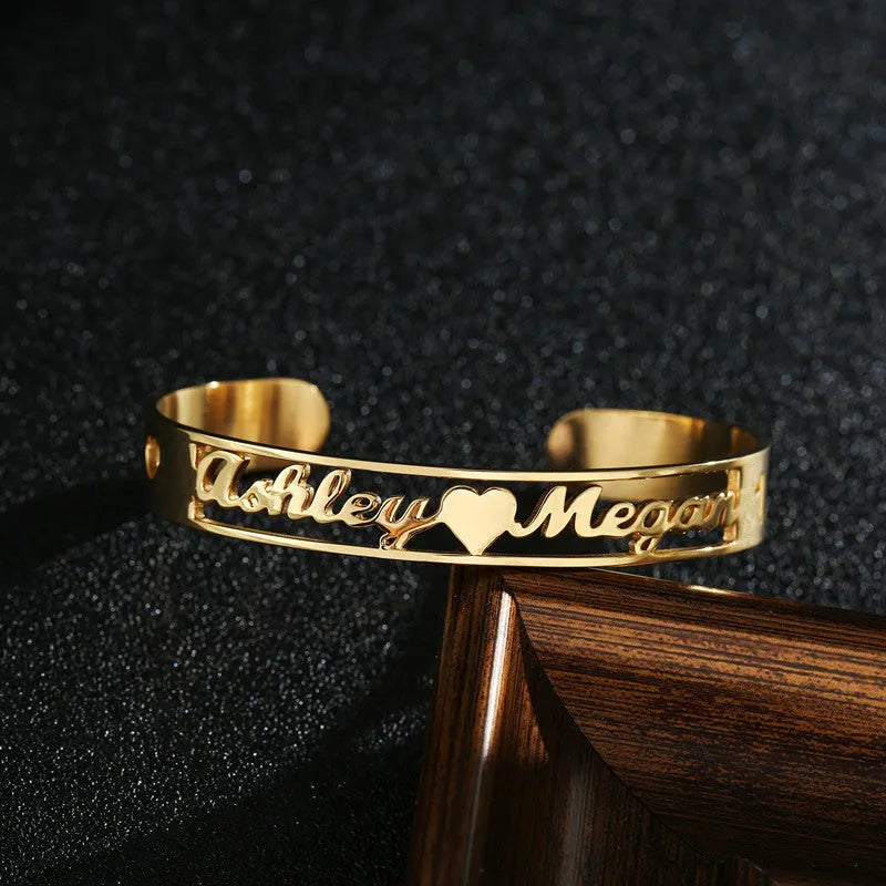 Custom name bracelet in stainless steel, silver finish, medium width, personalised engraving