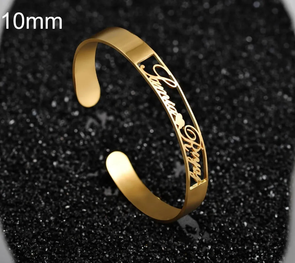 Custom name bracelet in stainless steel, silver finish, medium width, personalised engraving