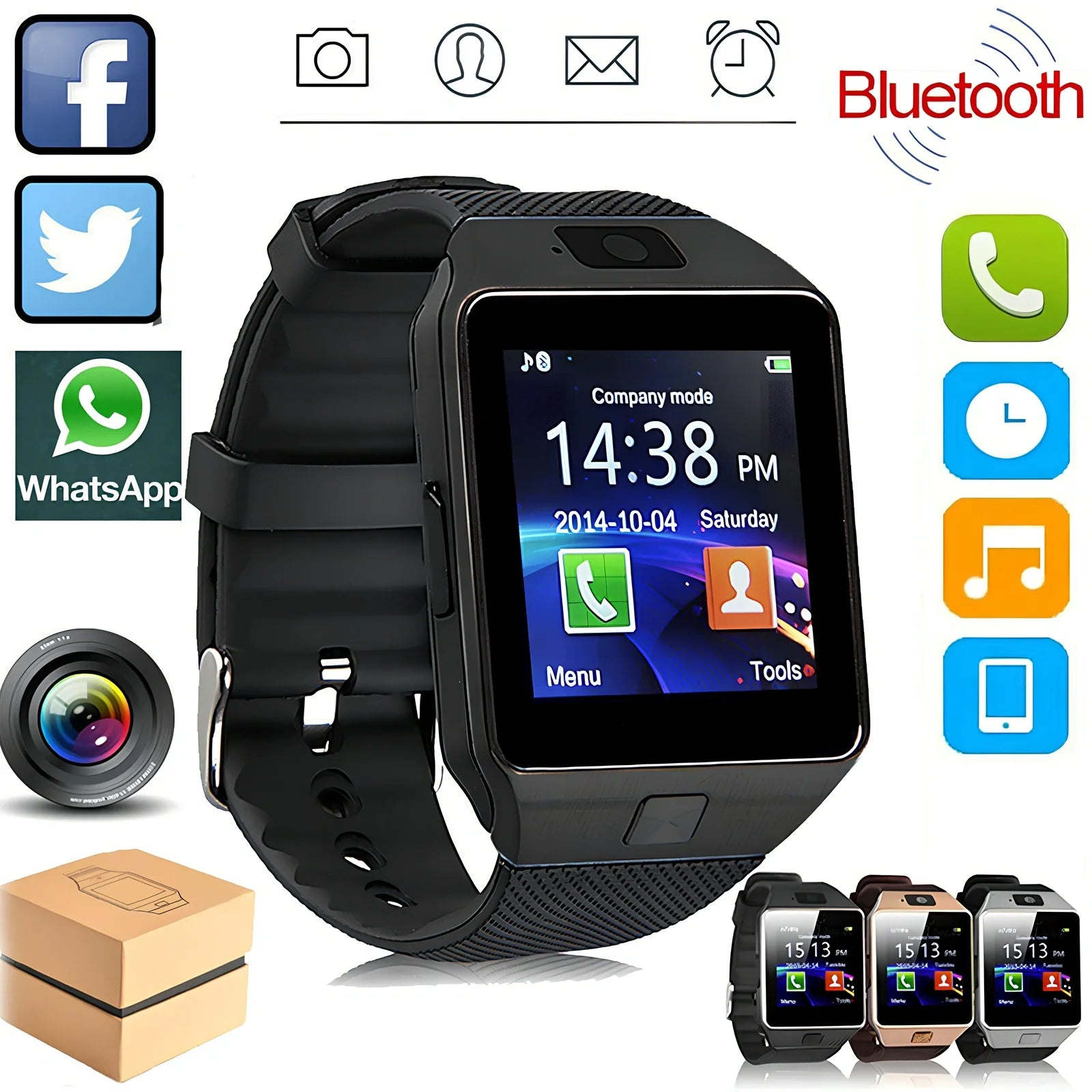 Bluetooth smart watch with 1.5-inch touch screen showing notification display