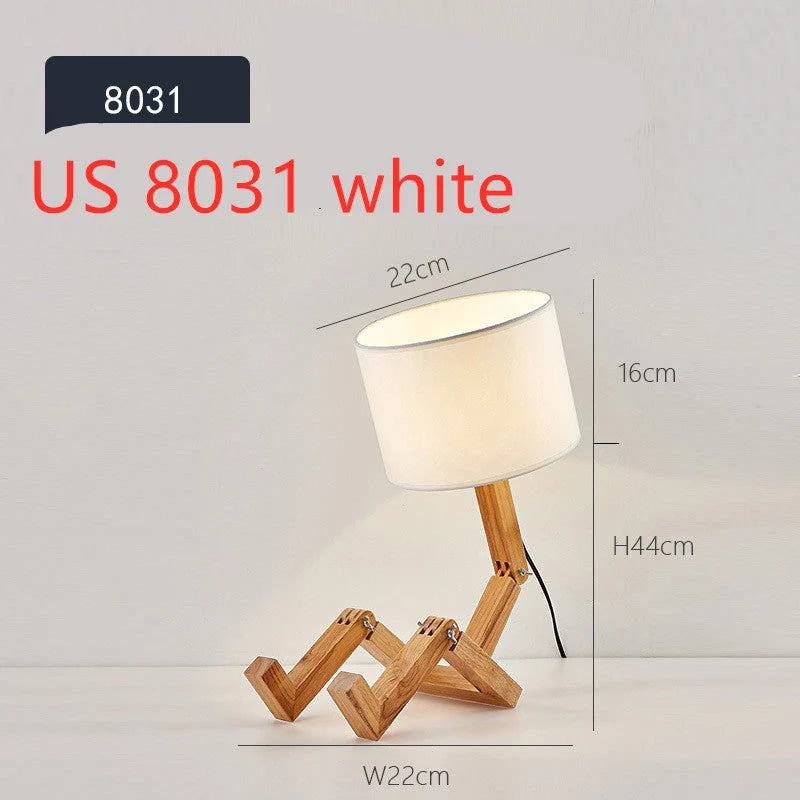 Robot shaped LED table lamp with flexible wooden base and linen shade
