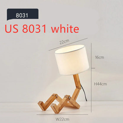 Robot shaped LED table lamp with flexible wooden base and linen shade