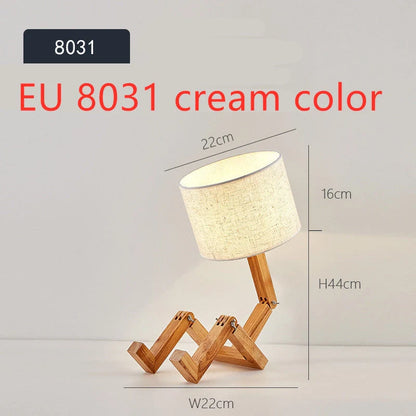 Robot shaped LED table lamp with flexible wooden base and linen shade