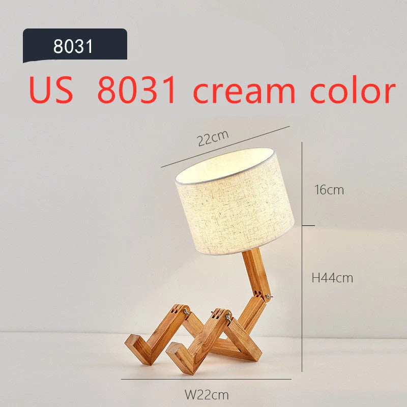 Robot shaped LED table lamp with flexible wooden base and linen shade