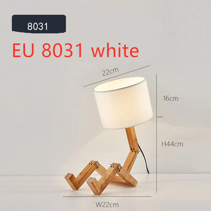 Robot shaped LED table lamp with flexible wooden base and linen shade