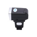 Black wireless Bluetooth ring wearable barcode scanner on finger, compatible with Apple iOS and Android devices