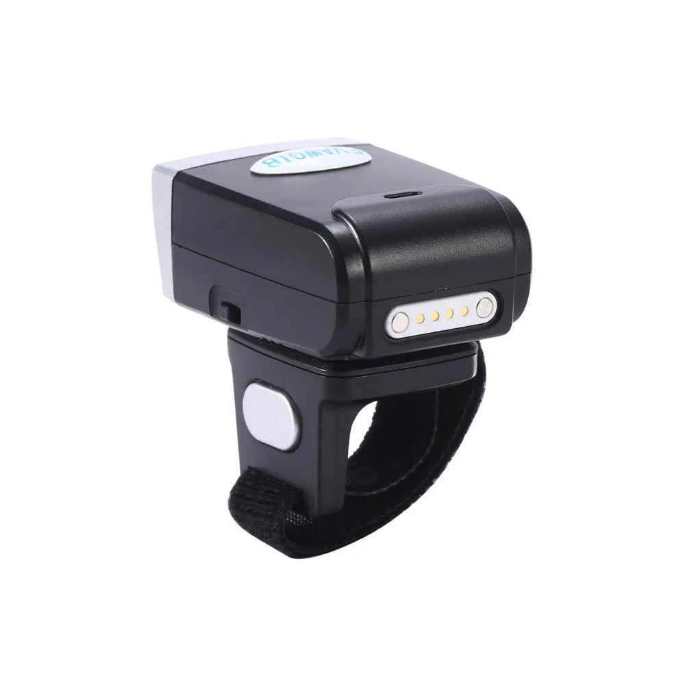 Black wireless Bluetooth ring wearable barcode scanner on finger, compatible with Apple iOS and Android devices