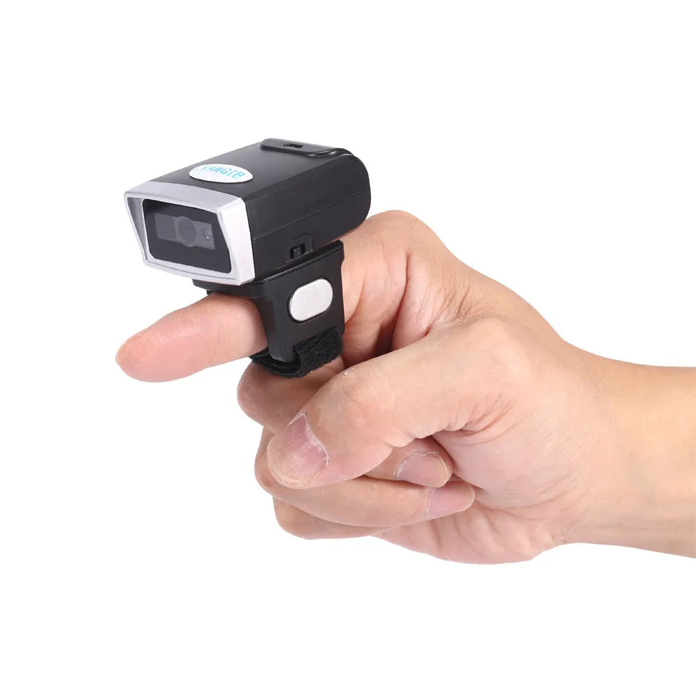 Black wireless Bluetooth ring wearable barcode scanner on finger, compatible with Apple iOS and Android devices