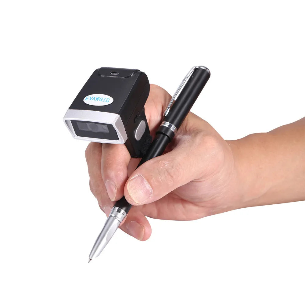 Black wireless Bluetooth ring wearable barcode scanner on finger, compatible with Apple iOS and Android devices