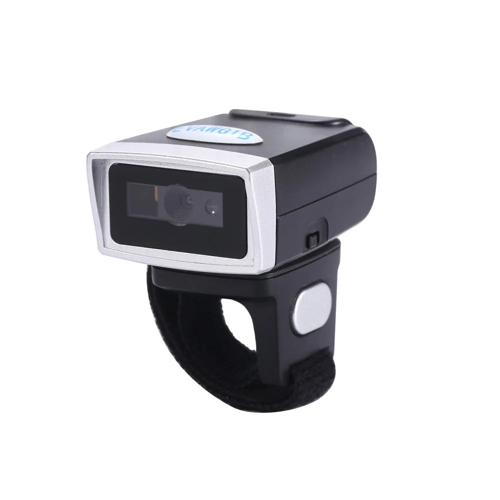 Black wireless Bluetooth ring wearable barcode scanner on finger, compatible with Apple iOS and Android devices