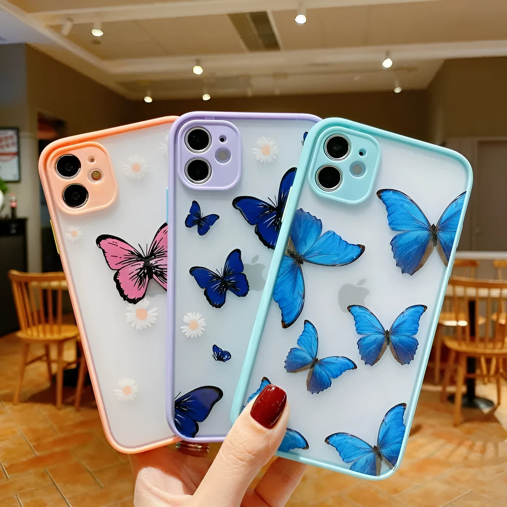 Pink acrylic iPhone case with a butterfly design and soft coloured edges.