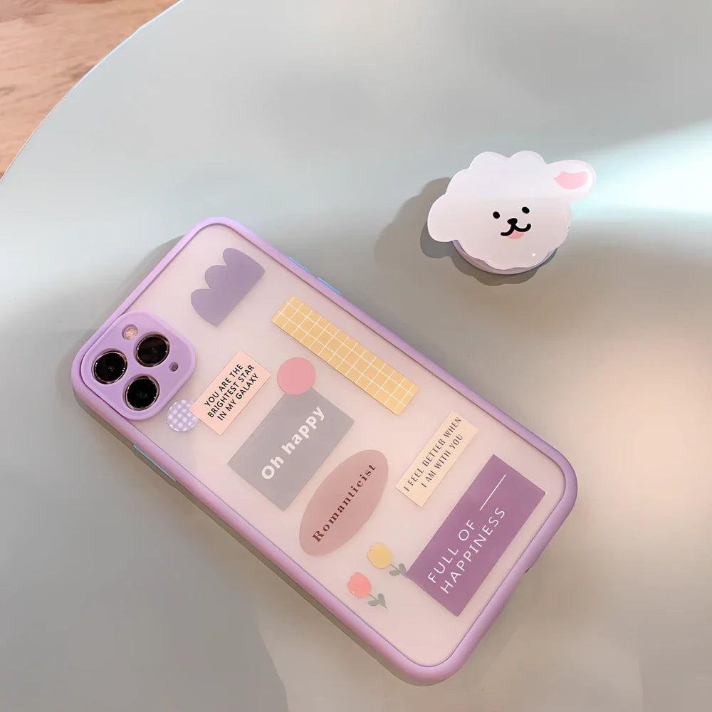 Frosted painted iPhone case with flip bracket, TPU material, cartoon animal design on back, compatible with iPhone 12 series