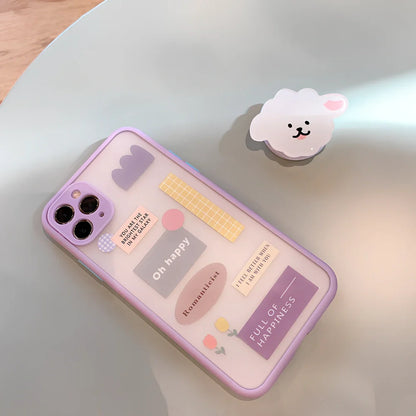 Frosted painted iPhone case with flip bracket, TPU material, cartoon animal design on back, compatible with iPhone 12 series