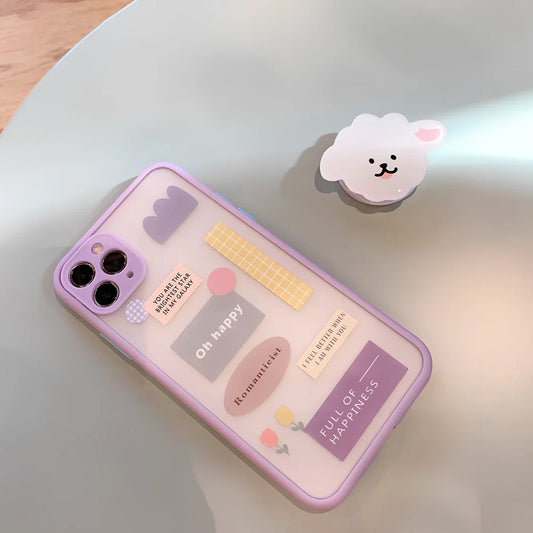 Frosted painted iPhone case with flip bracket, TPU material, cartoon animal design on back, compatible with iPhone 12 series