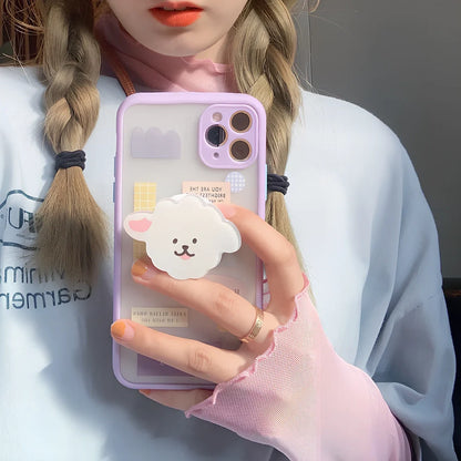 Frosted painted iPhone case with flip bracket, TPU material, cartoon animal design on back, compatible with iPhone 12 series