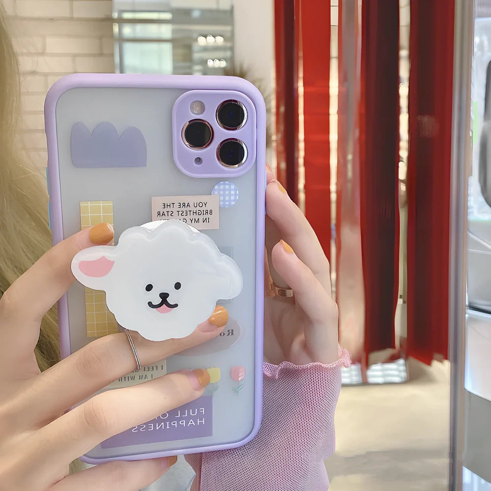 Frosted painted iPhone case with flip bracket, TPU material, cartoon animal design on back, compatible with iPhone 12 series