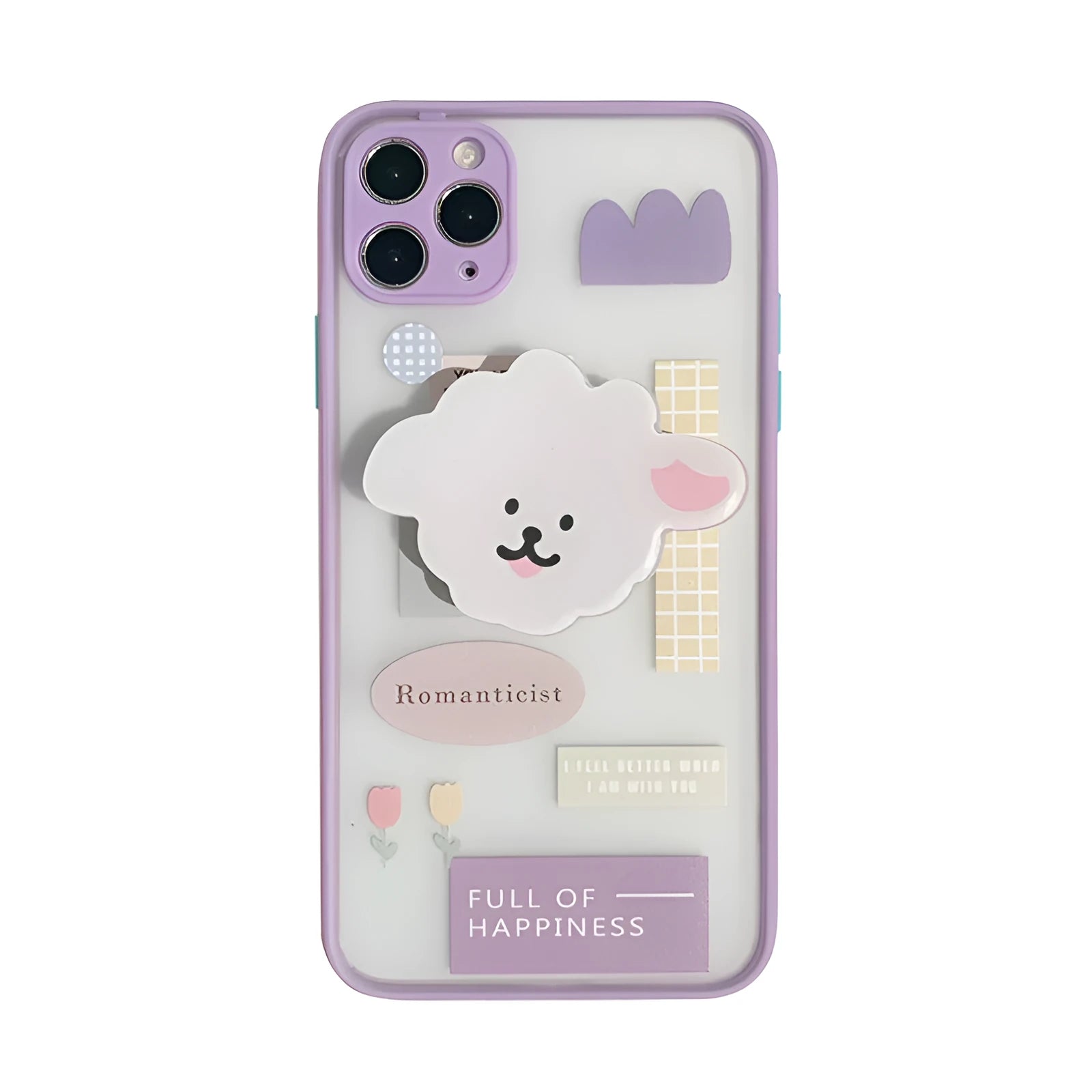 Frosted painted TPU mobile phone case with a built-in folding bracket, shown in a cartoon design for Apple iPhone.