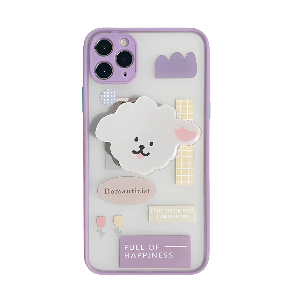 Frosted painted iPhone case with flip bracket, TPU material, cartoon animal design on back, compatible with iPhone 12 series