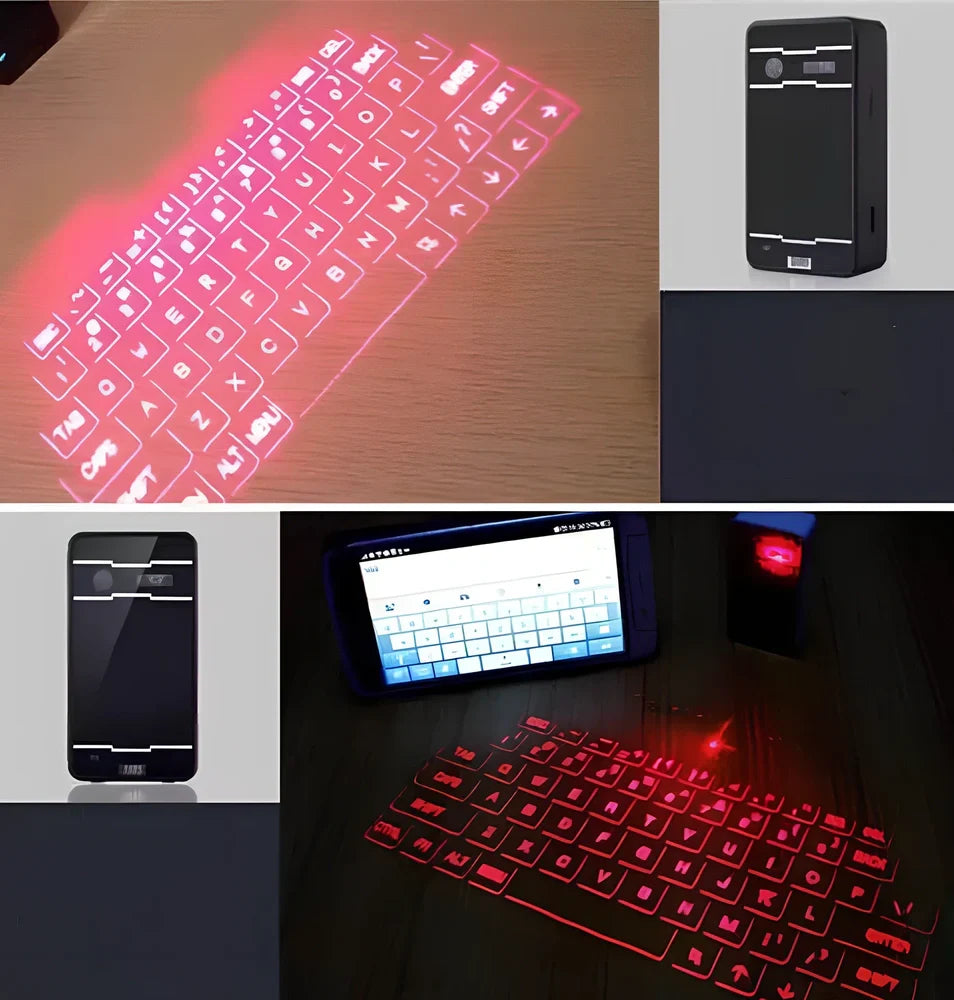 Black Bluetooth laser projection keyboard projecting 26 cm virtual QWERTY keys on desk with mouse function active