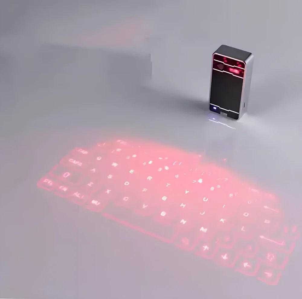 Black Bluetooth laser projection keyboard projecting 26 cm virtual QWERTY keys on desk with mouse function active