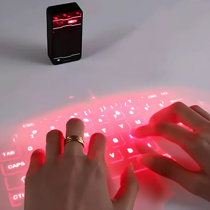 Black Bluetooth laser projection keyboard projecting 26 cm virtual QWERTY keys on desk with mouse function active