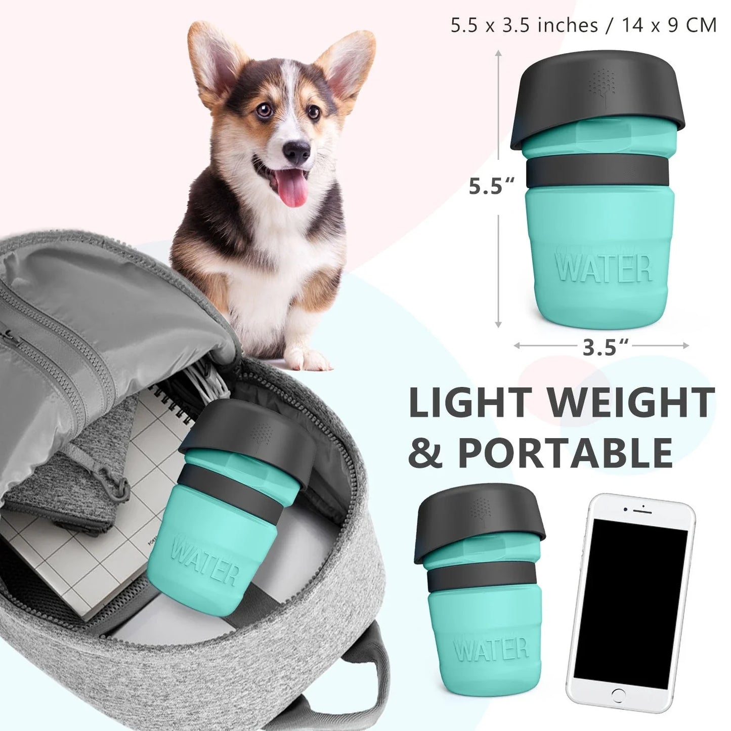 Foldable dog water bottle with integrated bowl in blue, rose red, and tiffany blue
