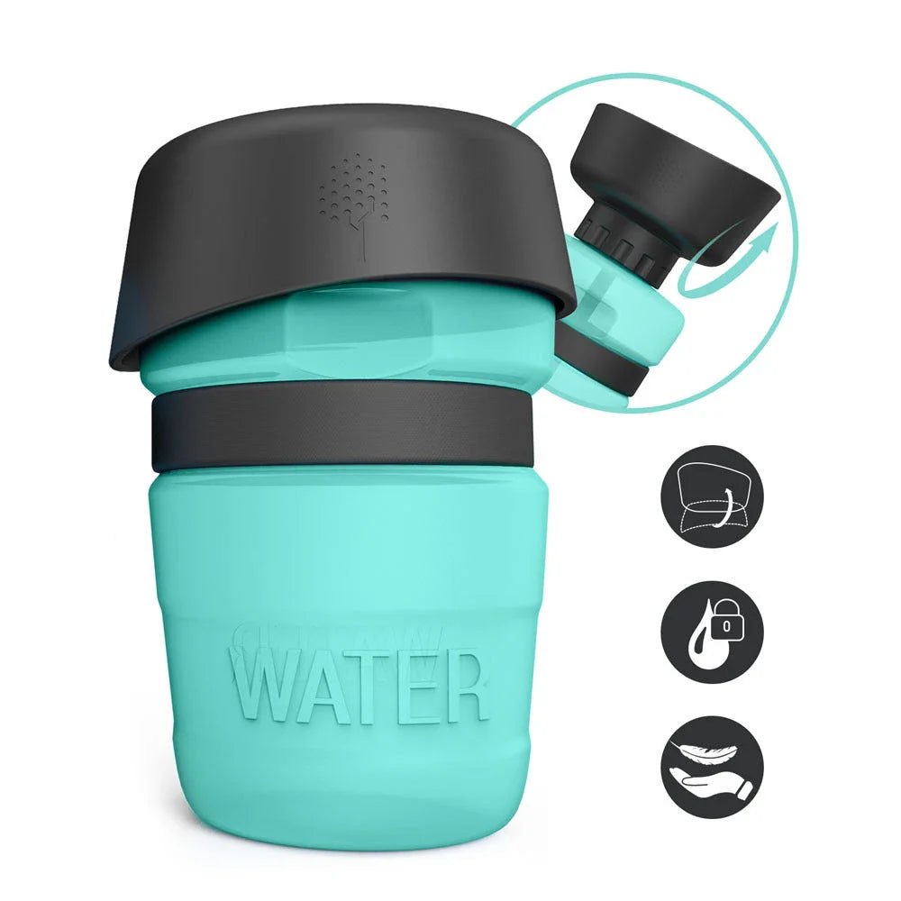 Foldable dog water bottle with integrated bowl in blue, rose red, and tiffany blue