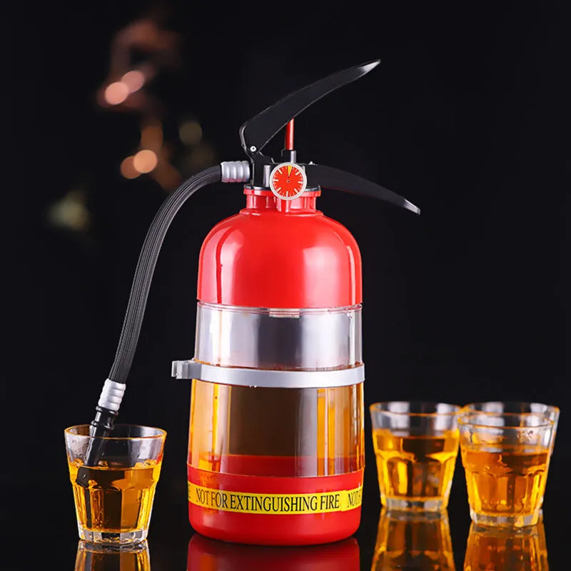 2L clear acrylic fire extinguisher-shaped beverage dispenser with hand-press pump on a party table