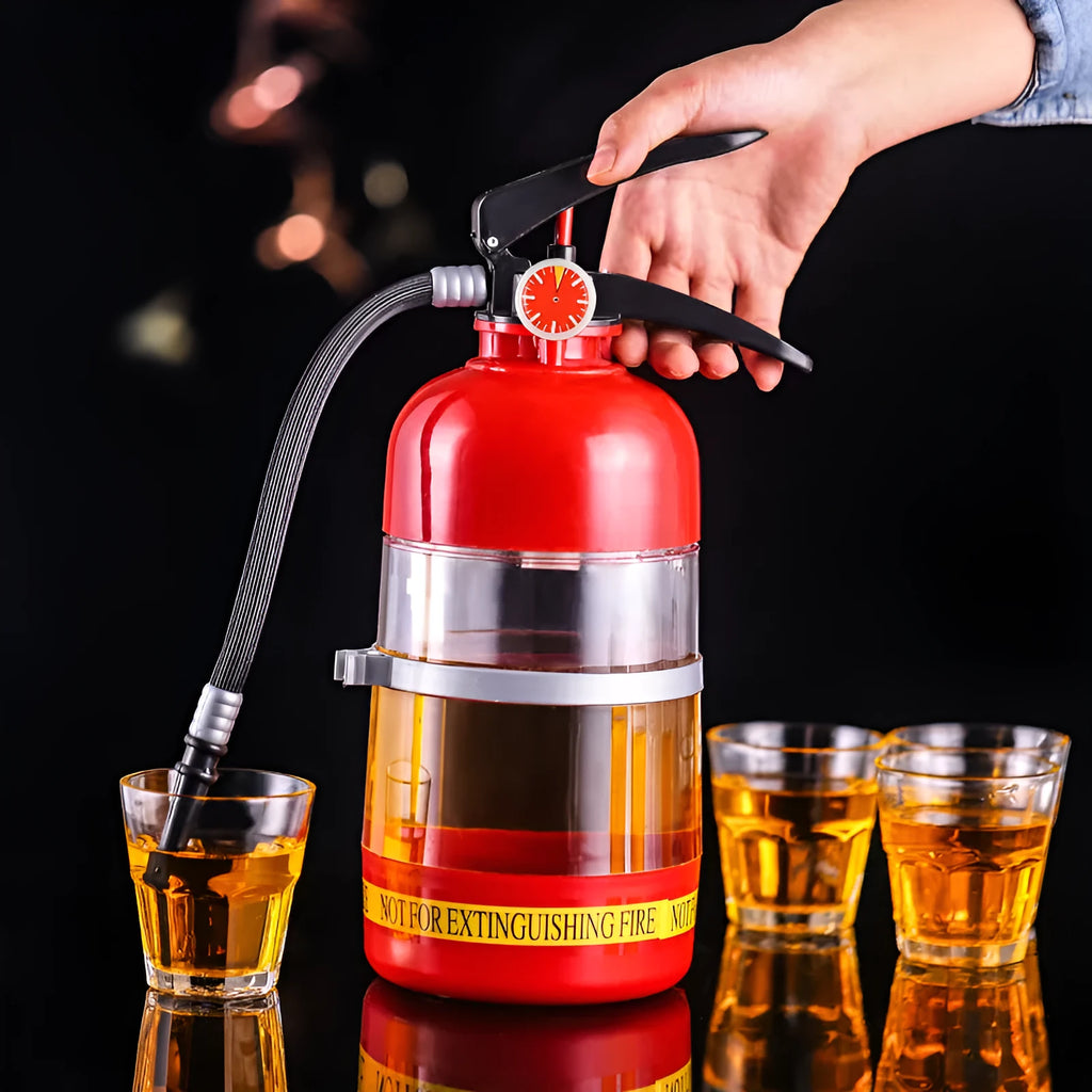 2L clear acrylic fire extinguisher-shaped beverage dispenser with hand-press pump on a party table