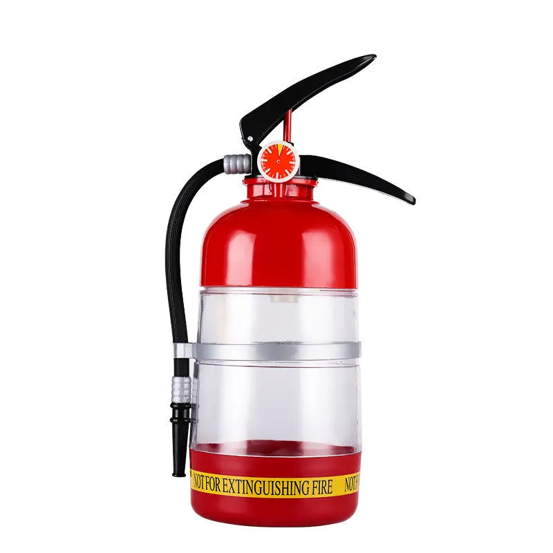 2L clear acrylic fire extinguisher-shaped beverage dispenser with hand-press pump on a party table