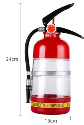 2L clear acrylic fire extinguisher-shaped beverage dispenser with hand-press pump on a party table