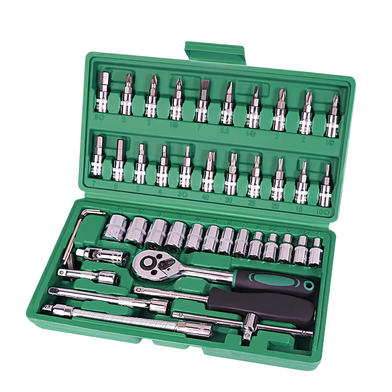 Green plastic case containing 46-piece alloy steel metric socket set for auto repairs