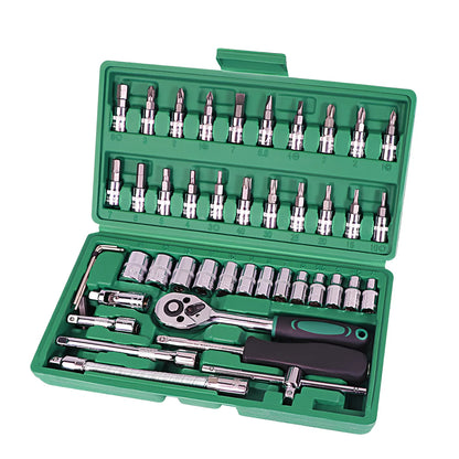 Green plastic case containing 46-piece alloy steel metric socket set for auto repairs