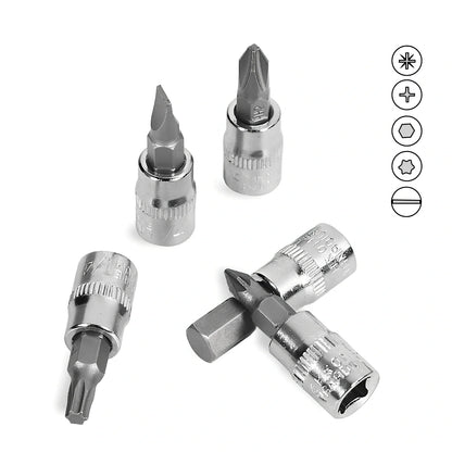 Green plastic case containing 46-piece alloy steel metric socket set for auto repairs