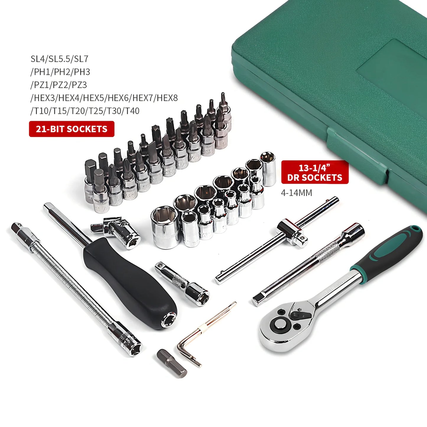 Green plastic case containing 46-piece alloy steel metric socket set for auto repairs