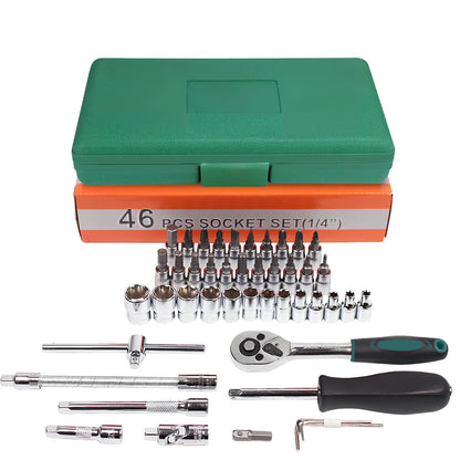 Green plastic case containing 46-piece alloy steel metric socket set for auto repairs