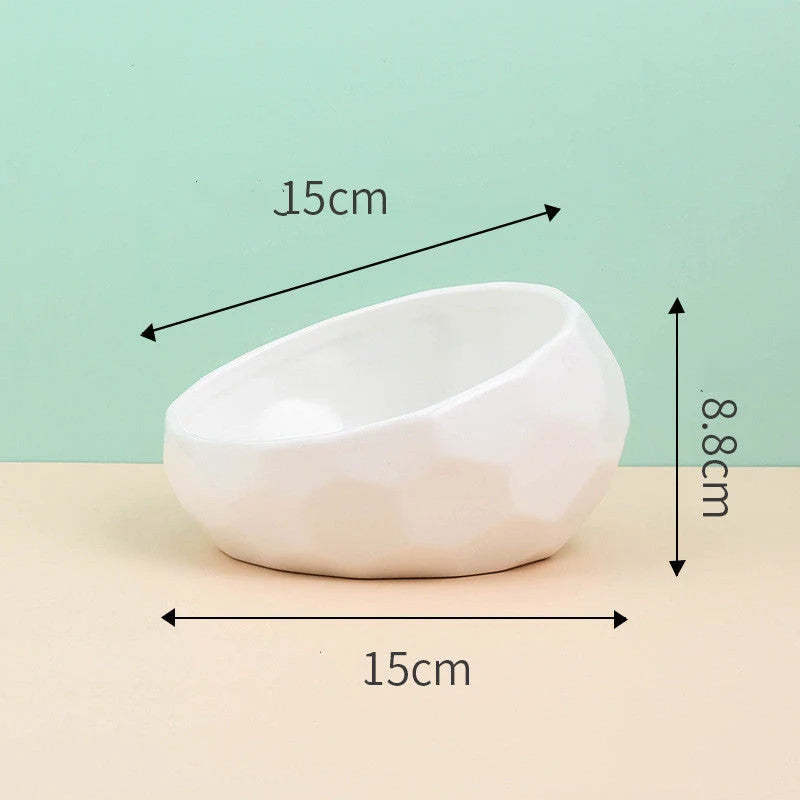 Ceramic pet bowl with oblique mouth design for cats and dogs, available in multiple colours