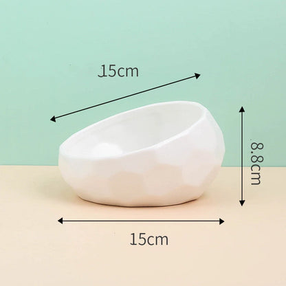 Ceramic pet bowl with oblique mouth design for cats and dogs, available in multiple colours
