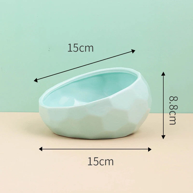 Ceramic pet bowl with oblique mouth design for cats and dogs, available in multiple colours