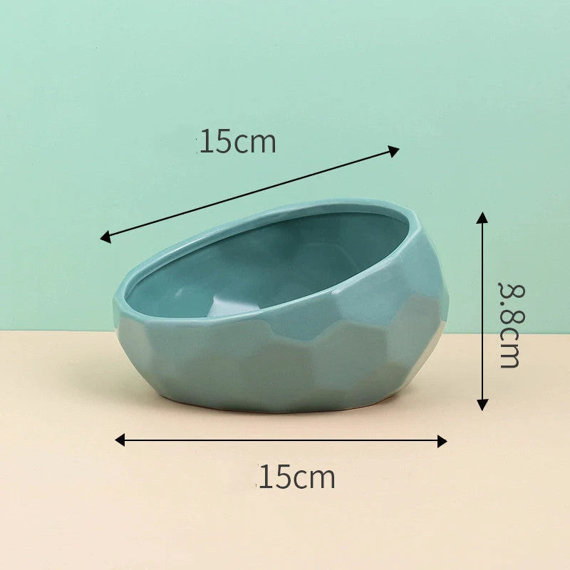Ceramic pet bowl with oblique mouth design for cats and dogs, available in multiple colours