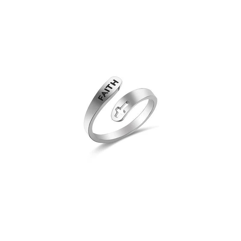 Hollow Cross Double Ring in stainless steel with engraved faith symbol