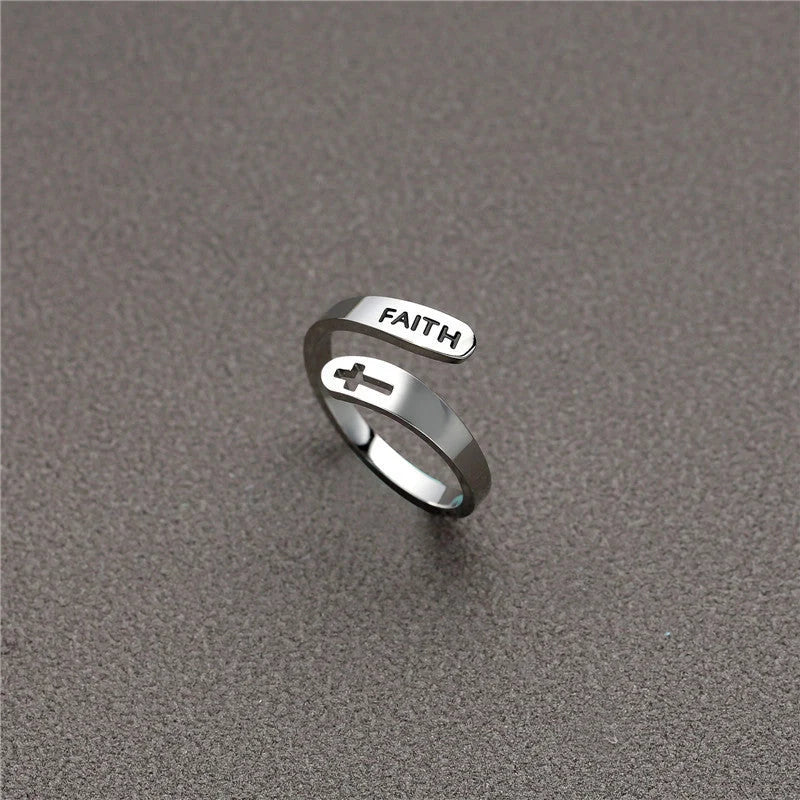 Hollow Cross Double Ring in stainless steel with engraved faith symbol