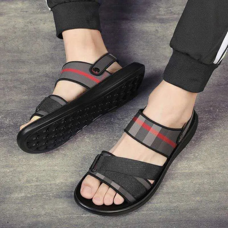 Youth leisure sandals with Lycra fabric upper and polyurethane sole, shown in a summer setting.