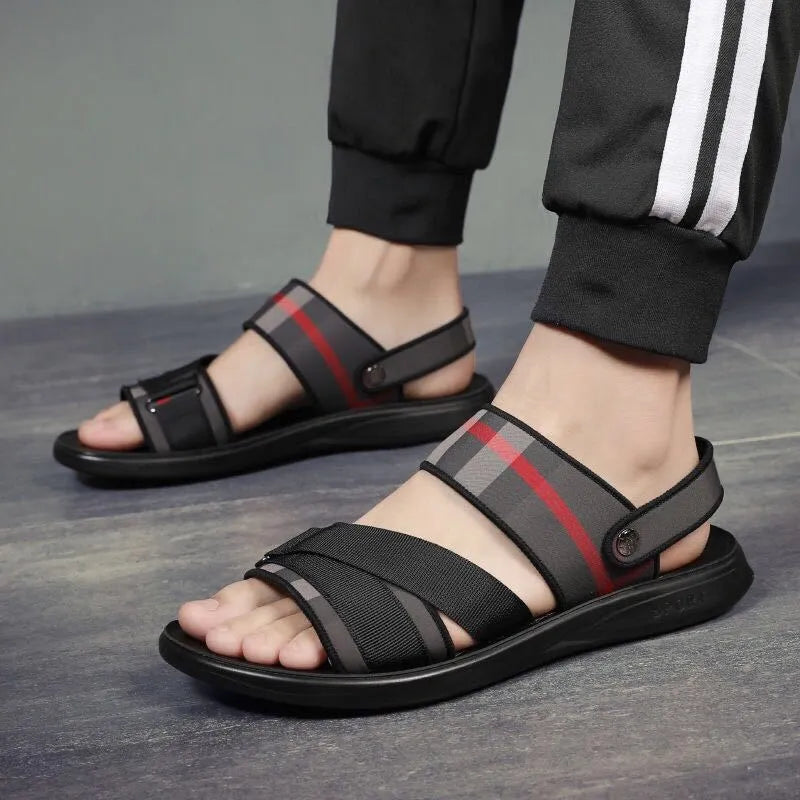 Youth leisure sandals with Lycra fabric upper and polyurethane sole, shown in a summer setting.