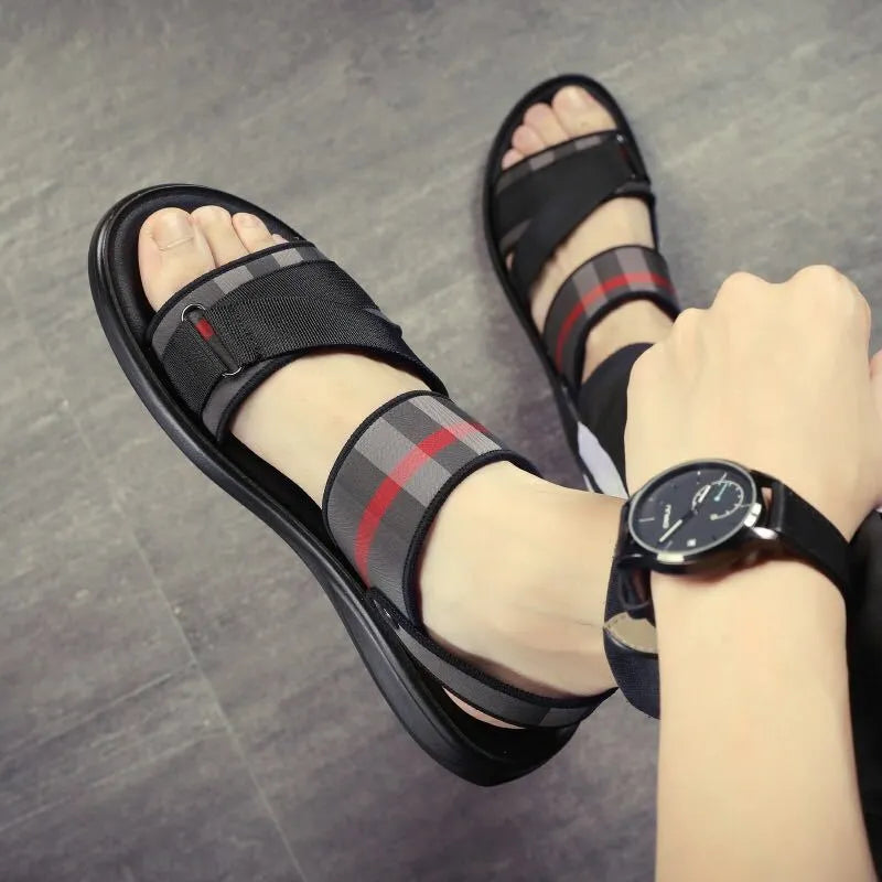 Youth leisure sandals with Lycra fabric upper and polyurethane sole, shown in a summer setting.
