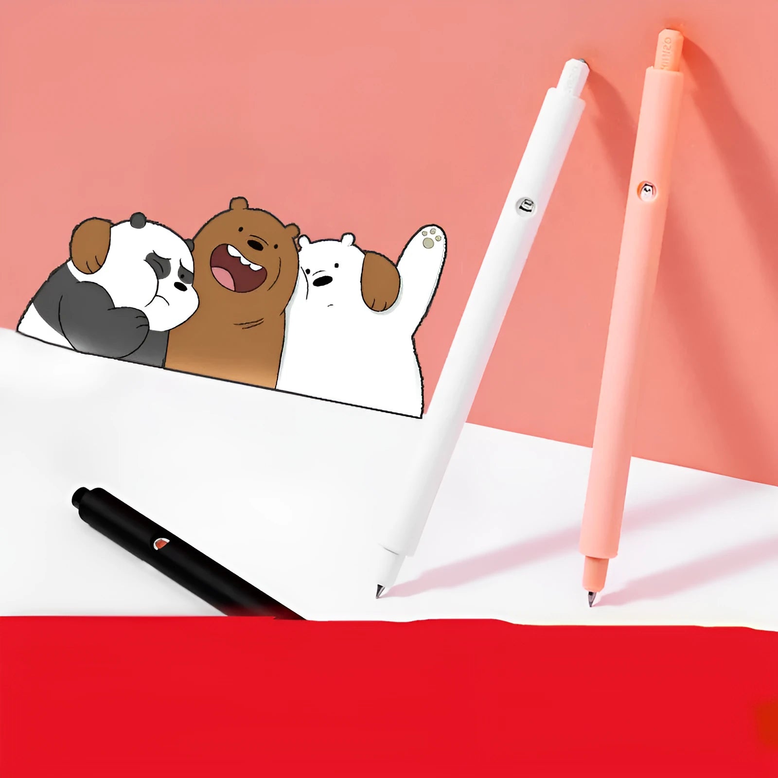MINISO bare bear cartoon press gel pen in black, pink, and white colours with 0.5mm tip