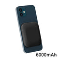 Magsafe compatible magnetic wireless power bank for iPhone in black, showing dimensions and Type-C port.