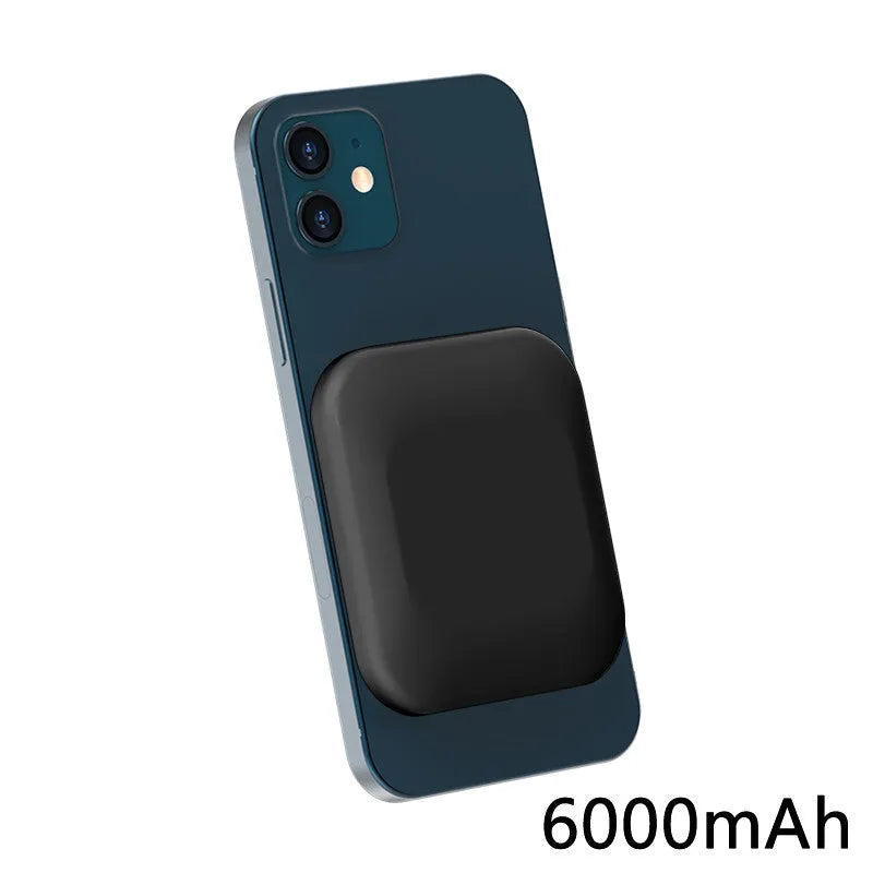 Magsafe compatible magnetic wireless power bank for iPhone in black, showing dimensions and Type-C port.