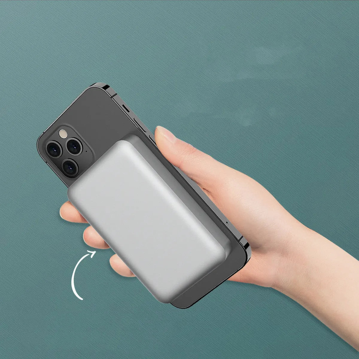 Silver aluminium Apple magnetic wireless power bank showing USB-C port and compact size.
