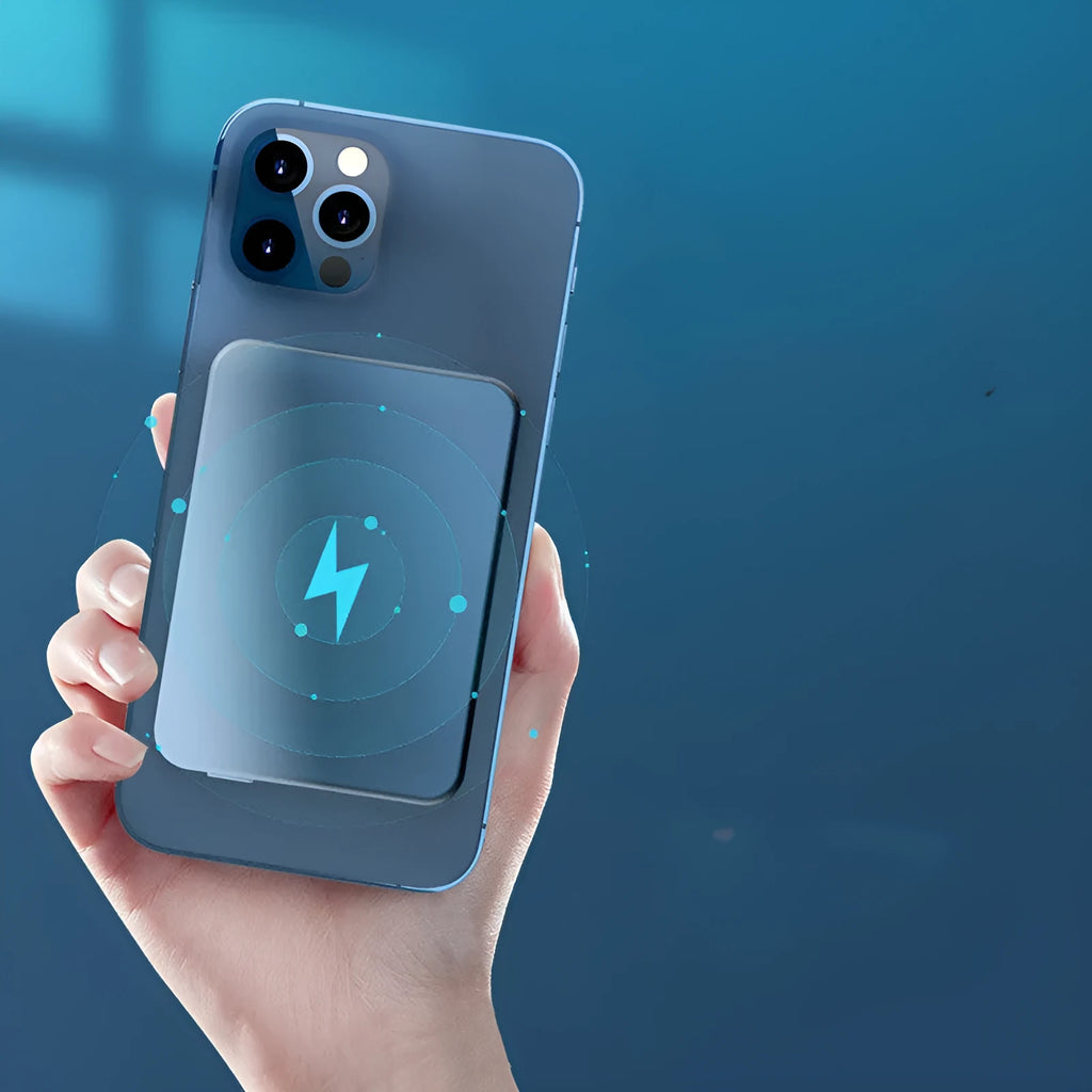 Silver aluminium Apple magnetic wireless power bank showing USB-C port and compact size.