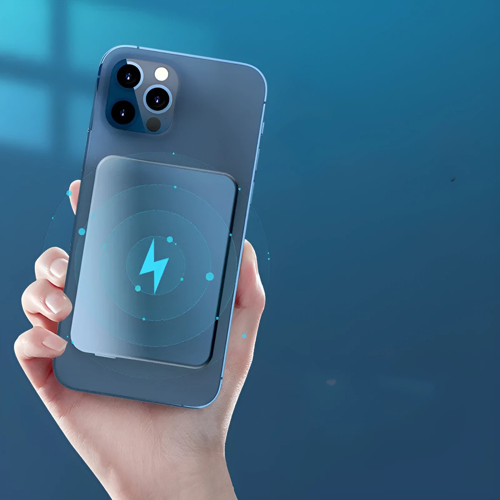 Silver aluminium Apple magnetic wireless power bank showing USB-C port and compact size.